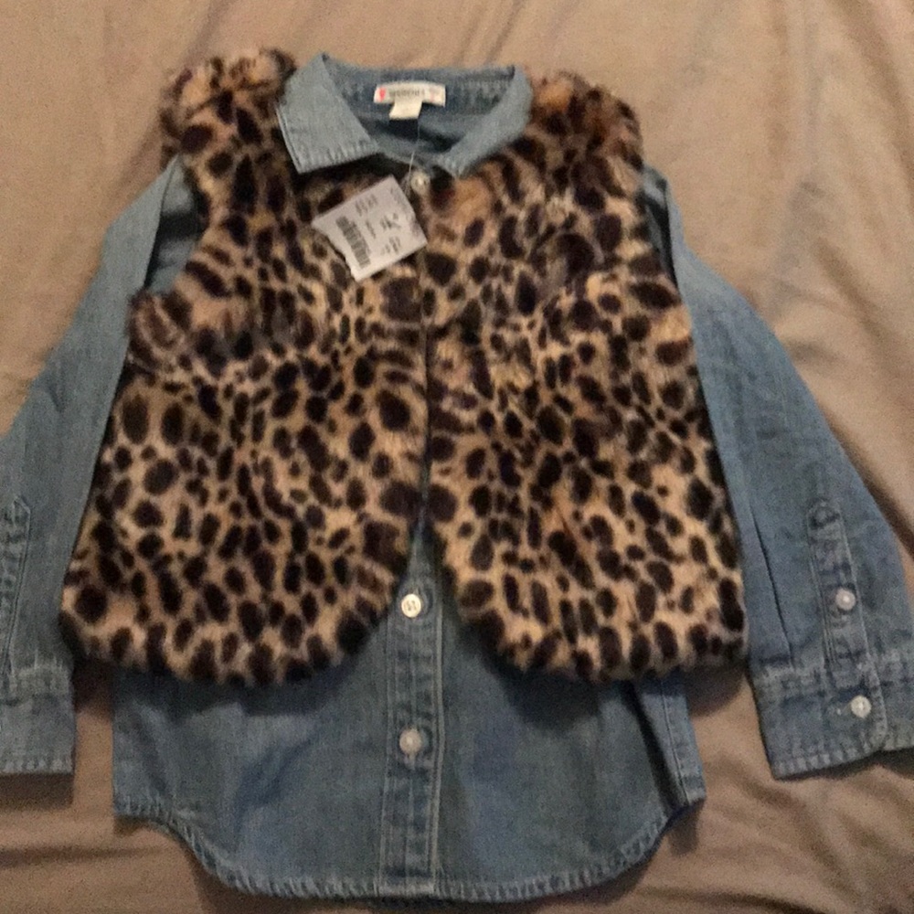 Cheetah vest with denim button up shirt.